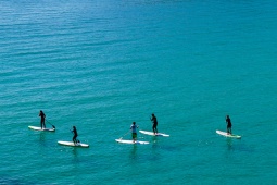 Un grupo practica paddle surf en las aguas de Palamós, en la Costa Brava gerundense Un grupo practica paddle surf en las aguas de Palamós, en la Costa Brava gerundense