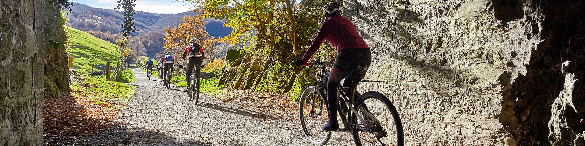 Ciclistas recorriendo el Camino Natural de la Vía Verde de Plazaola