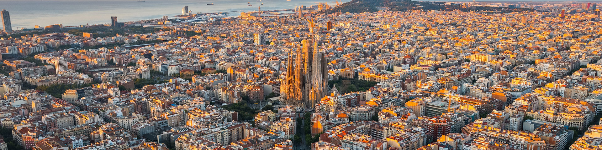 Aerial view of the Eixample district and the Sagrada Familia Basilica, Barcelona