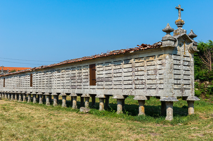 The hórreos are a distinctive form of rural architecture in Galicia and a characteristic feature of the landscape. Pictured: the hórreo of Carnota in A Coruña