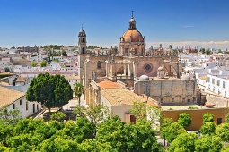 Aerial view of the Cathedral of Jerez de la Frontera, formerly the city’s Collegiate Church, elevated to the status of cathedral by the papal bull Archiepiscopus Hispalenses issued by His Holiness John Paul II