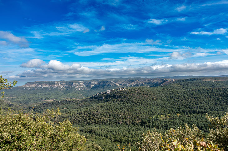 Panoramic view of the cliff formations of Els Motllats in the Prades Mountains Natural Park (Catalonia, Spain) Panoramic view of the cliff formations of Els Motllats in the Prades Mountains Natural Park (Catalonia, Spain)