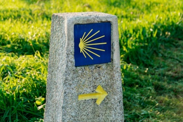 Pilgrimage of yellow scallops to the city of Santiago de Compostela. Milestone on the Way of Saint James