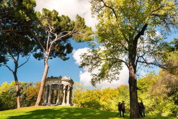 Image of El Capricho Park in Alameda de Osuna, featuring the French parterre, the English landscape garden, the Italian garden and its famous Posición Jaca bunker, a unique Spanish Civil War site in Europe