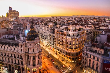 Die Gran Vía in Madrid Spanien, aus der Vogelperspektive