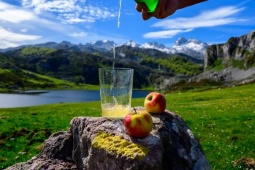 Asturische cider gemaakt van gefermenteerde appels geschonken uit groene, hoge flessen met uitzicht op het meer van Covadonga en de toppen van de Picos de Europa