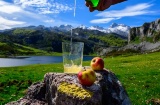 Asturische cider gemaakt van gefermenteerde appels geschonken uit groene, hoge flessen met uitzicht op het meer van Covadonga en de toppen van de Picos de Europa Asturische cider gemaakt van gefermenteerde appels geschonken uit groene, hoge flessen met uitzicht op het meer van Covadonga en de toppen van de Picos de Europa