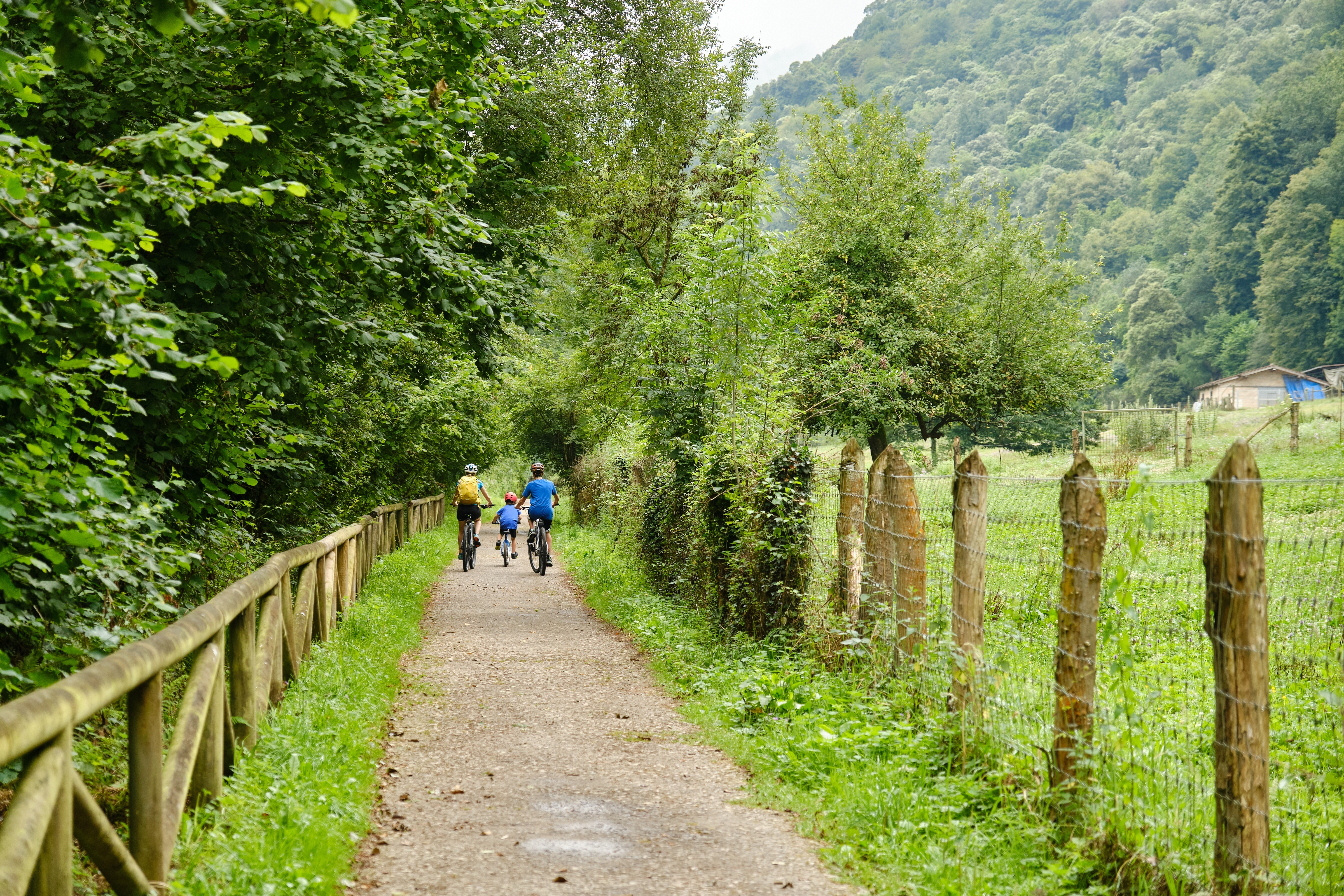 Eine Familie radelt auf dem Senda del Oso (Asturien), der sich über fast 60 km entlang einer ehemaligen Bergbaubahntrasse erstreckt und sich besonders zum Radfahren und Wandern eignet.