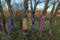 Städtisches Stricken kleidet die Bäume der Wälder der Senda de los Sueños (Urrez) mit Häkeln und Wolle Städtisches Stricken kleidet die Bäume der Wälder der Senda de los Sueños (Urrez) mit Häkeln und Wolle