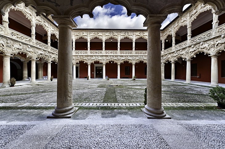 Im Inneren des Palacio del Infantado ist der Patio de los Leones im gotischen Stil gestaltet, ergänzt durch Löwen und greifartige Fabelwesen, deren Symbolik aus der östlichsten islamischen Tradition stammt Im Inneren des Palacio del Infantado ist der Patio de los Leones im gotischen Stil gestaltet, ergänzt durch Löwen und greifartige Fabelwesen, deren Symbolik aus der östlichsten islamischen Tradition stammt