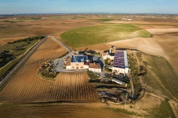 Luftaufnahme eines Weinguts am Stadtrand von Rueda in Valladolid, einem der bedeutenden Orte der Rueda-Weinstrasse, die eng mit der Weinbaulandschaft der geschützten Herkunftsbezeichnung verbunden ist Luftaufnahme eines Weinguts am Stadtrand von Rueda in Valladolid, einem der bedeutenden Orte der Rueda-Weinstrasse, die eng mit der Weinbaulandschaft der geschützten Herkunftsbezeichnung verbunden ist