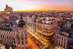 Die Gran Vía in Madrid Spanien, aus der Vogelperspektive